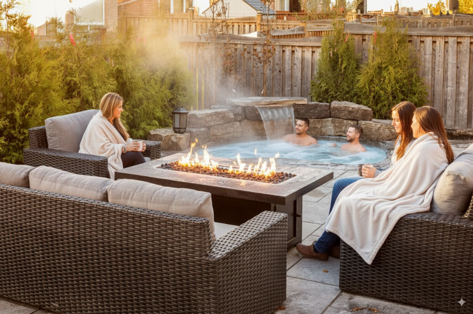 A group of friends hanging out in a backyard with a cocktail pool